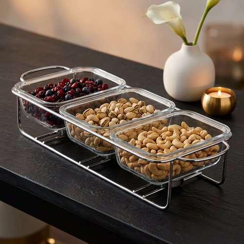 Modern 3 Compartment Glass Casserole Set with Chrome Display Stand