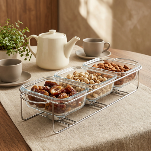Modern 3 Compartment Glass Casserole Set with Chrome Display Stand