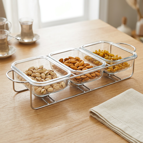 Modern 3 Compartment Glass Casserole Set with Chrome Display Stand