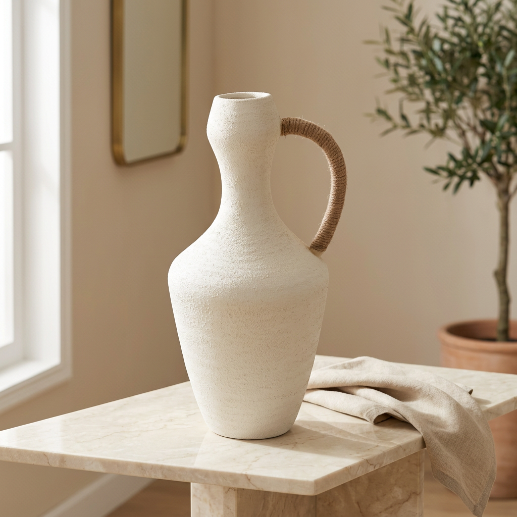Nordic Textured Jug Vase with Jute Handle