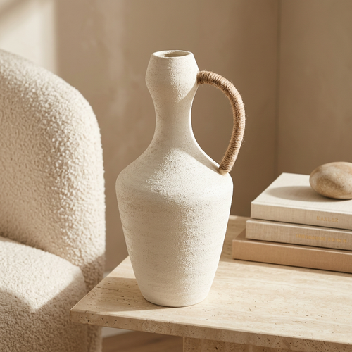 Nordic Textured Jug Vase with Jute Handle