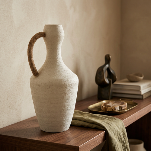 Nordic Textured Jug Vase with Jute Handle