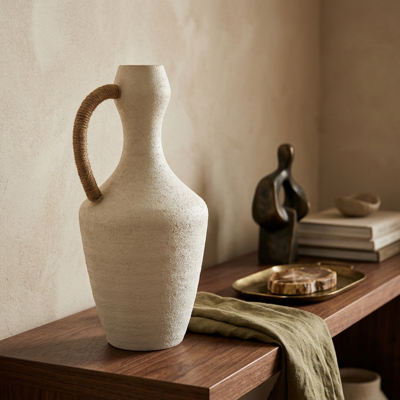 Nordic Textured Jug Vase with Jute Handle