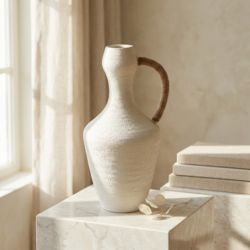 Nordic Textured Jug Vase with Jute Handle