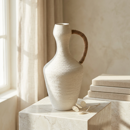 Nordic Textured Jug Vase with Jute Handle