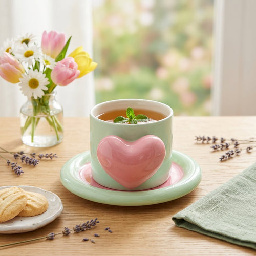 3D Heart Ceramic Cup & Chubby Saucer Set