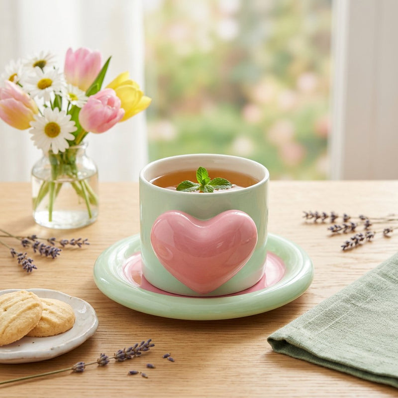 3D Heart Ceramic Cup & Chubby Saucer Set