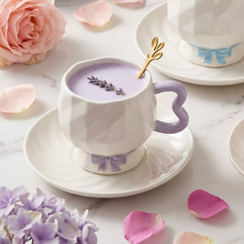 Geometric Cup with Pastel Bow & Gold Leaf Spoon