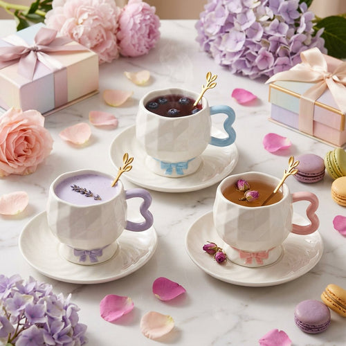 Geometric Cup with Pastel Bow & Gold Leaf Spoon