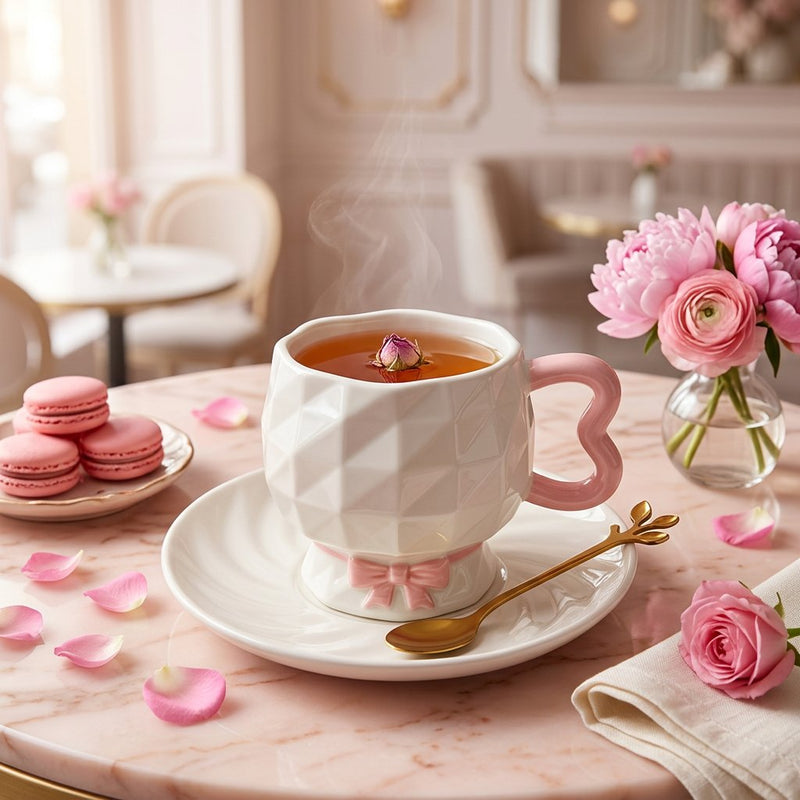 Geometric Cup with Pastel Bow & Gold Leaf Spoon