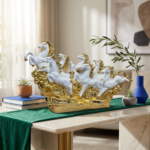 Regal White & Gold 7 Running Horses Sculpture