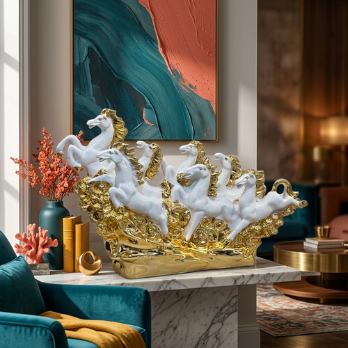 Regal White & Gold 7 Running Horses Sculpture