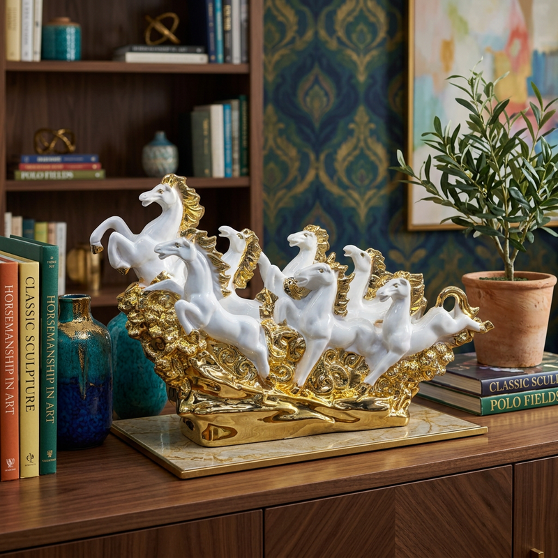 Regal White & Gold 7 Running Horses Sculpture