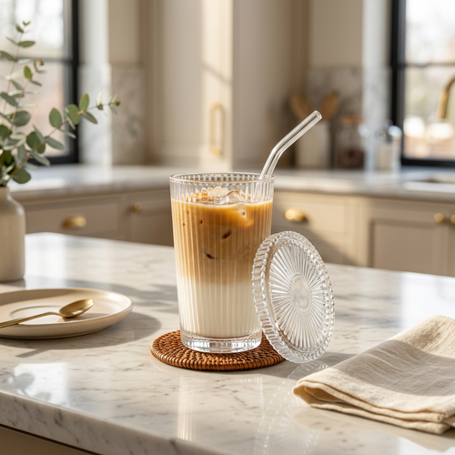 Elegant Coffee & Beverage Glass with Lid & Straw