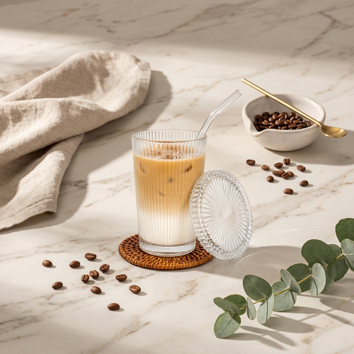 Elegant Coffee & Beverage Glass with Lid & Straw