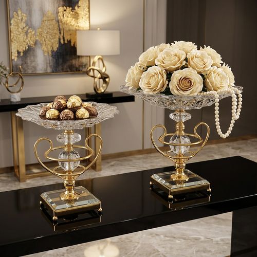 Luxury Crystal Fruit Bowl with Gold Platter Stand