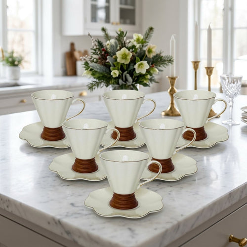 Elegant White V Shape Cups & Saucers Set of 6