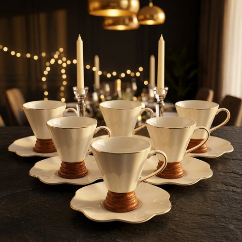 Elegant White V Shape Cups & Saucers Set of 6