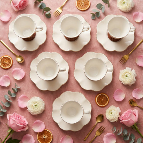 Elegant White V Shape Cups & Saucers Set of 6