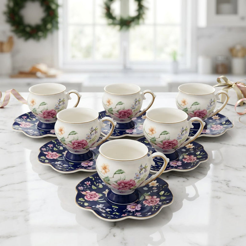 Luxury Floral Tea Set with Royal Gold Detailing Set of 6