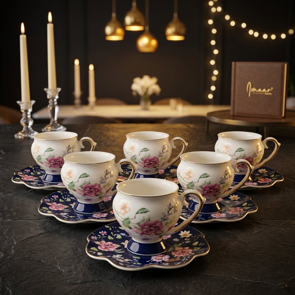 Luxury Floral Tea Set with Royal Gold Detailing Set of 6