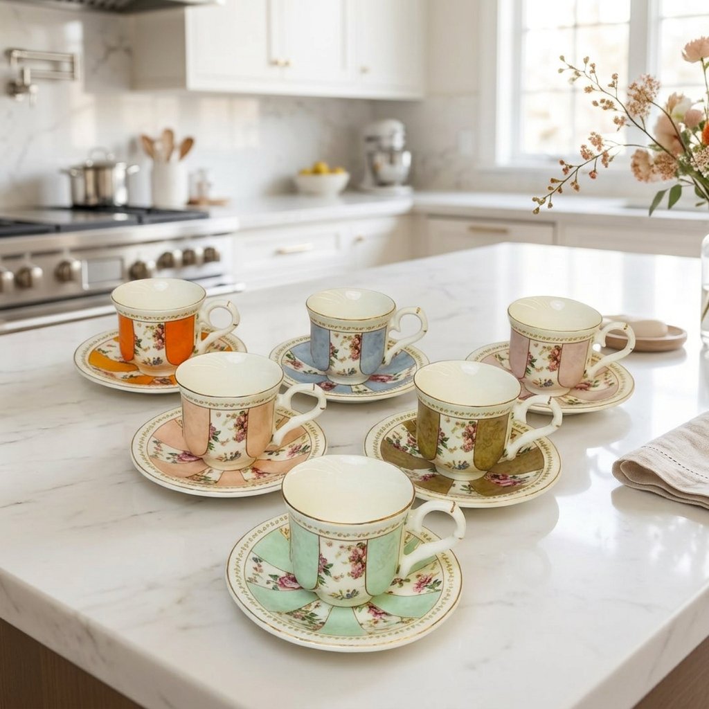 Multi-Color Pastel Panel Design with Gold Lining Set of 6