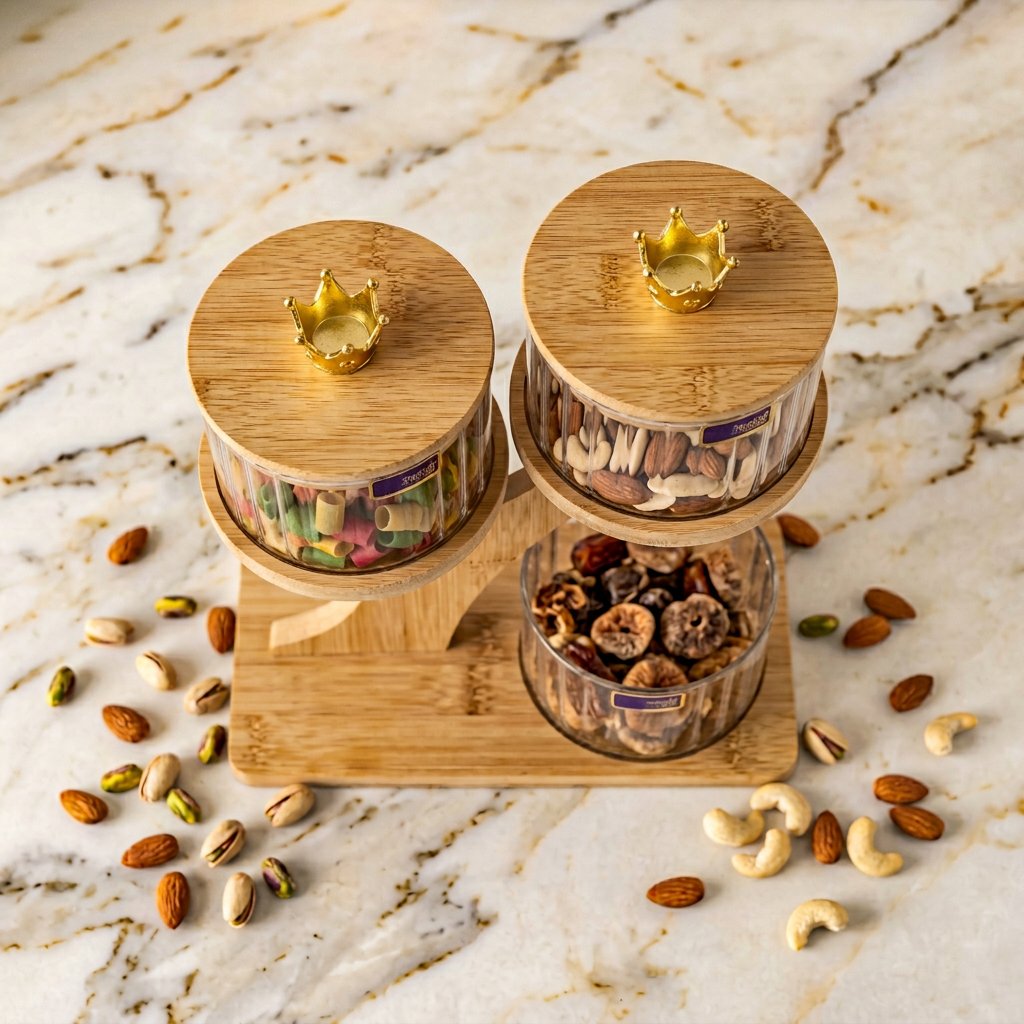 3-Tier Glass Canister Set with Wooden Tree Stand