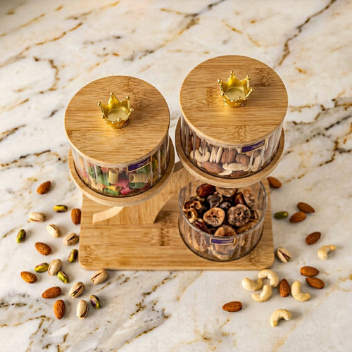 3-Tier Glass Canister Set with Wooden Tree Stand