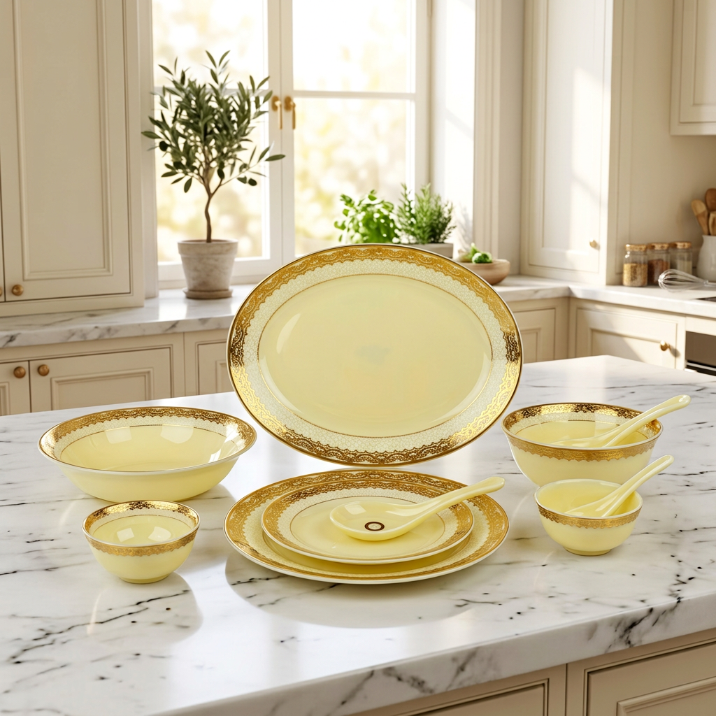 Regal Ivory & Gold Dinnerware Set with Filigree Borders 35 Pcs