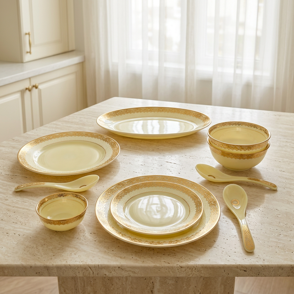 Regal Ivory & Gold Dinnerware Set with Filigree Borders 35 Pcs