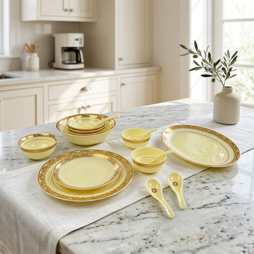 Regal Ivory & Gold Dinnerware Set with Filigree Borders 35 Pcs