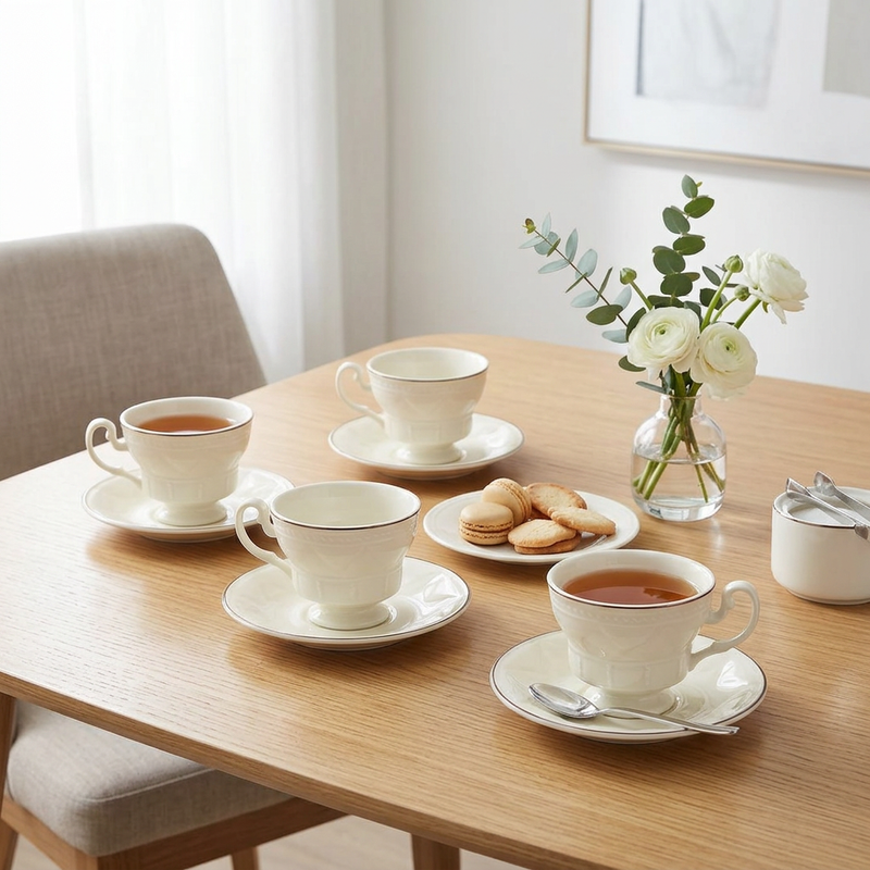 Vintage Ivory Ceramic Cup and Saucer Set of 6