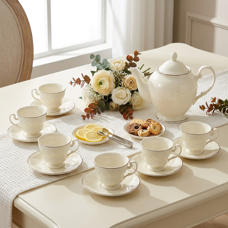 Vintage Ivory Ceramic Cup and Saucer Set of 6