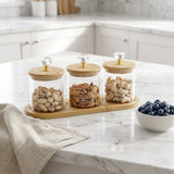 Glass Kitchen Canister Set with Bamboo Lids and Wood Tray