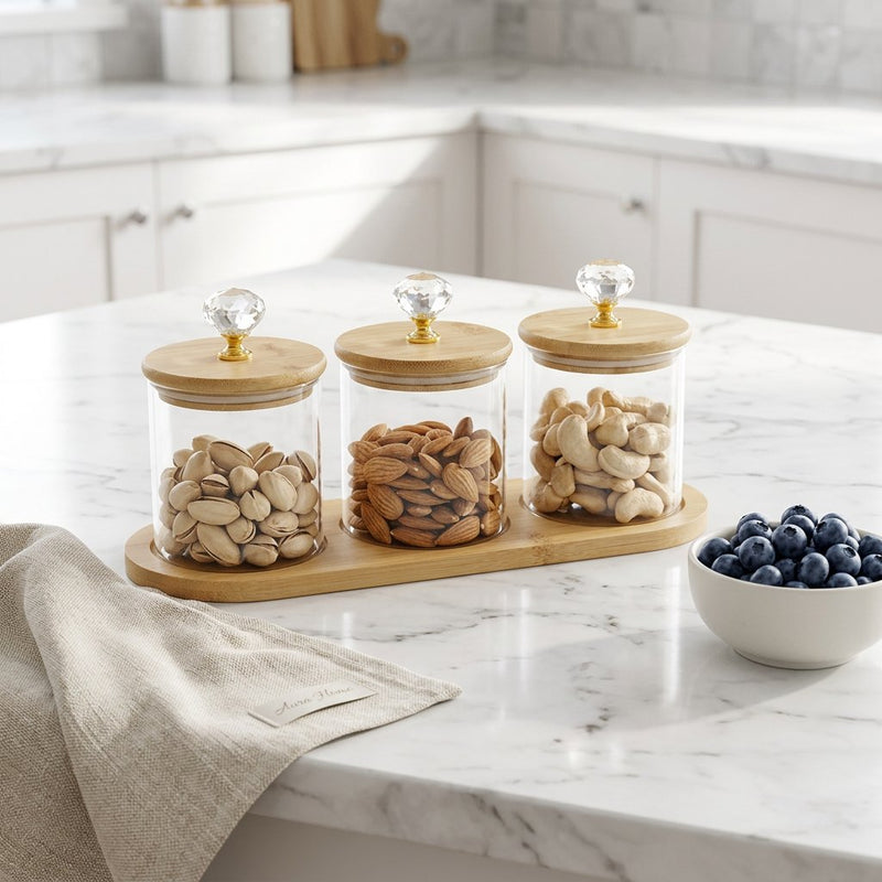 Glass Kitchen Canister Set with Bamboo Lids and Wood Tray