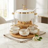Luxury Ceramic Soup Tureen Set with Bamboo Stand