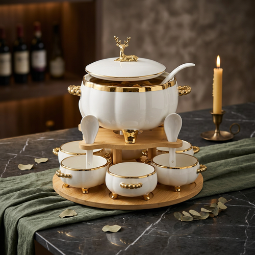 Luxury Ceramic Soup Tureen Set with Bamboo Stand