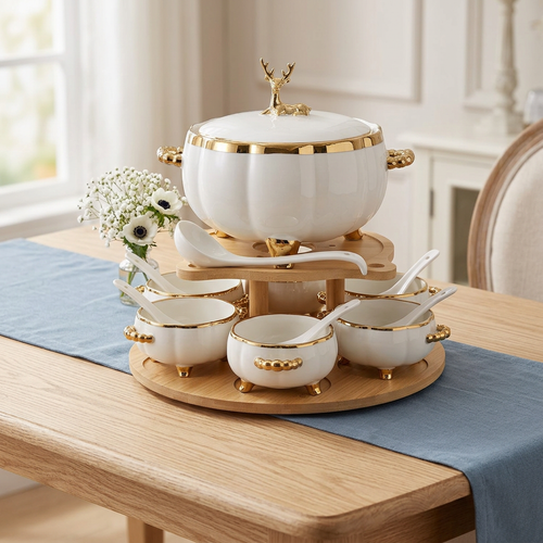 Luxury Ceramic Soup Tureen Set with Bamboo Stand
