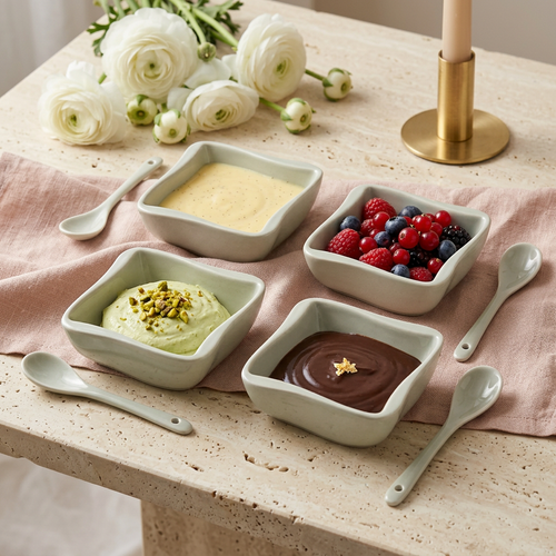 Elegant Square Wavy Bowls with Matching Spoons Set of 6