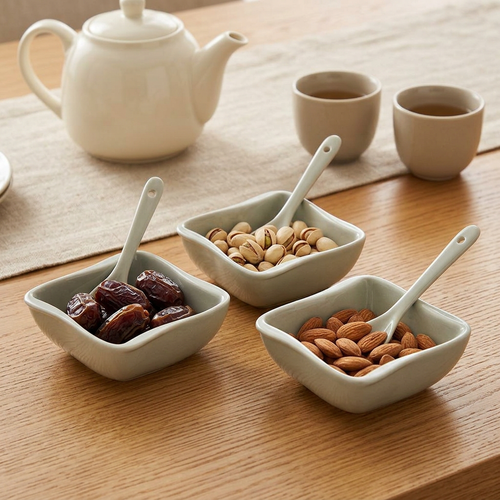 Elegant Square Wavy Bowls with Matching Spoons Set of 6
