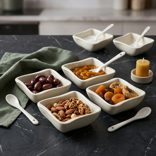 Elegant Square Wavy Bowls with Matching Spoons Set of 6