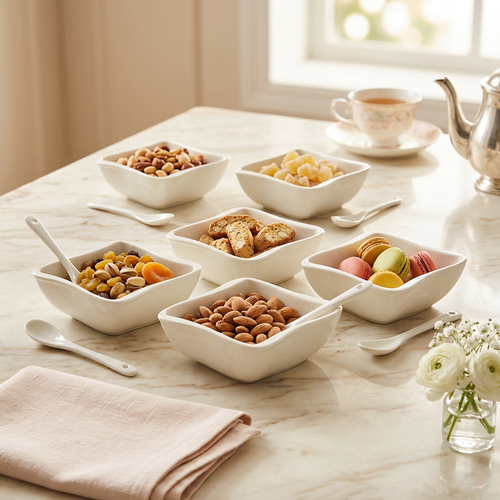 Elegant Square Wavy Bowls with Matching Spoons Set of 6