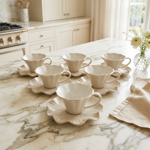 Modern Beige Floral Shaped Cup & Saucer Set of 6