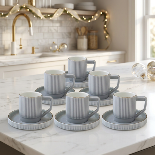 Minimalist Ceramic Cup & Deep Rimmed Saucer Set of 6