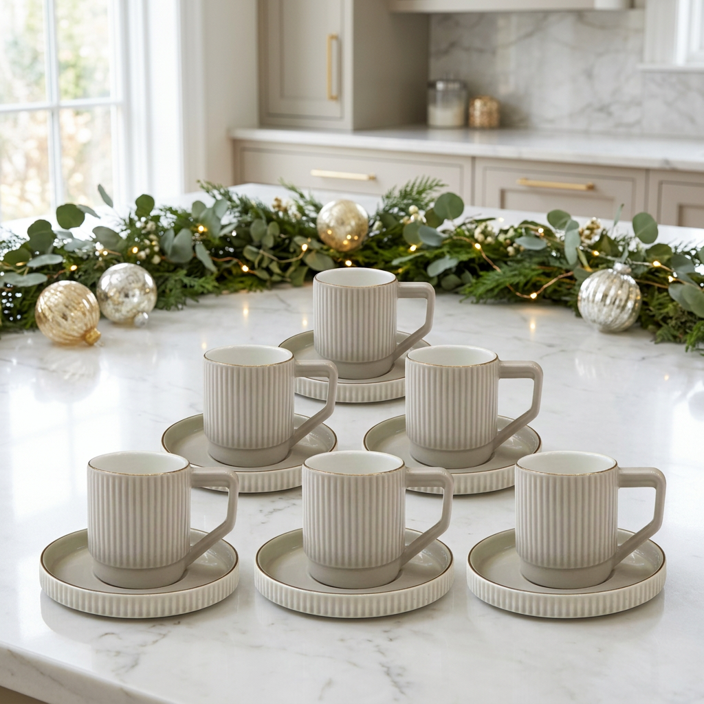 Nordic Textured Cup & Circular Grooved Saucer Set of 6