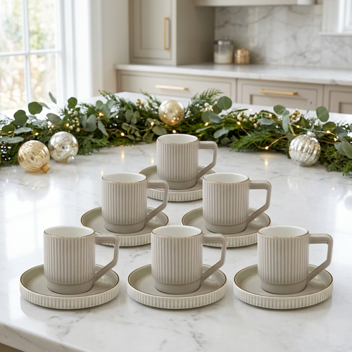 Nordic Textured Cup & Circular Grooved Saucer Set of 6