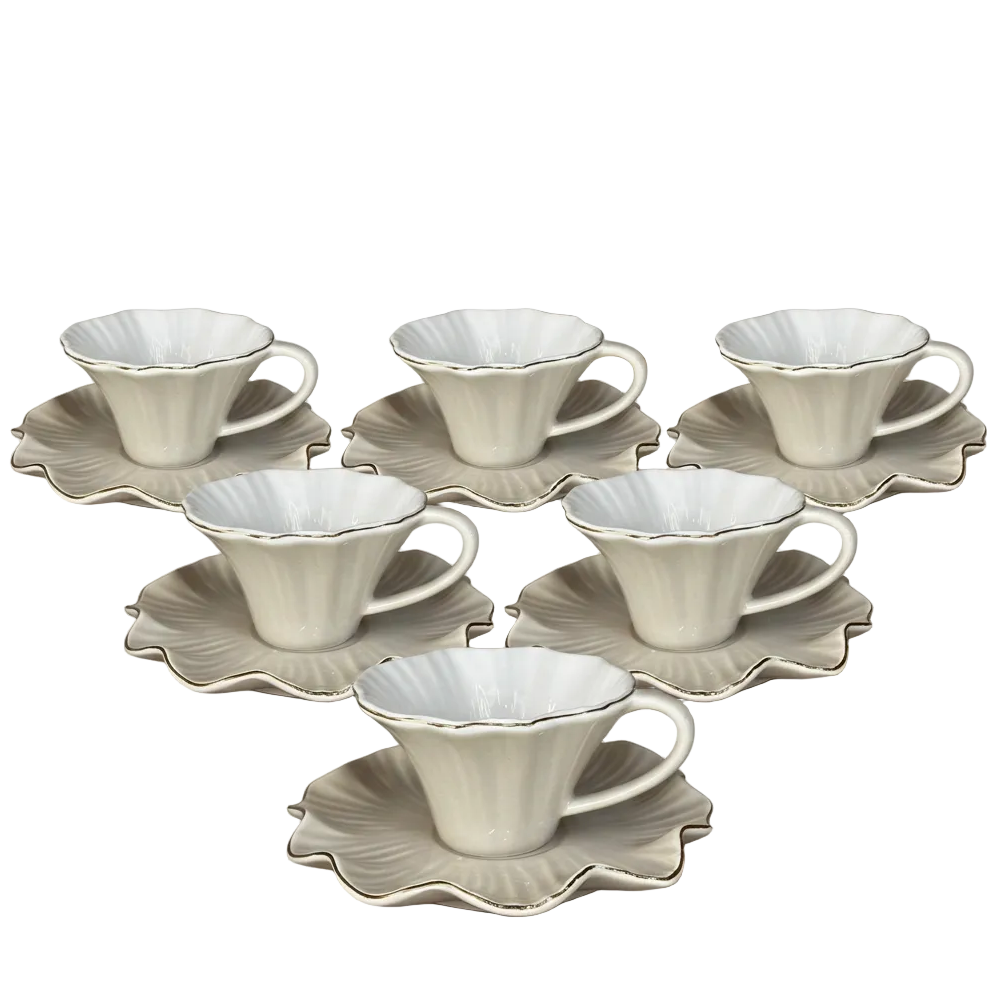Modern Beige Floral Shaped Cup & Saucer Set of 6