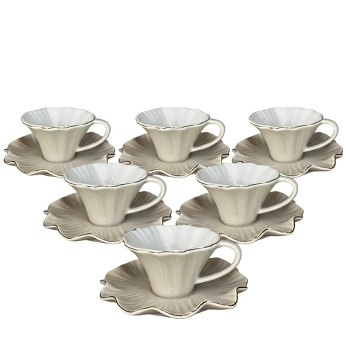 Modern Beige Floral Shaped Cup & Saucer Set of 6
