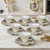 Modern Beige Floral Shaped Cup & Saucer Set of 6