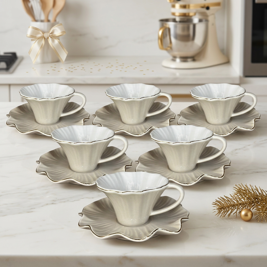 Modern Beige Floral Shaped Cup & Saucer Set of 6